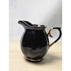 Grace Teaware Black Porcelain Creamer Pitcher Gold Trim Scalloped Edge